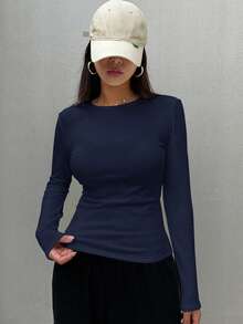 DAZY 女款秋冬休閒極簡基本款純色保暖內裡修身T恤，居家日常居家辦公校園穿搭，海軍藍 - 藏蓝色 - 查看 6
