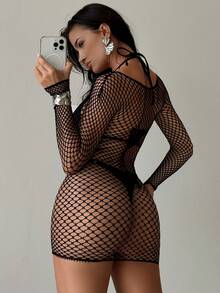 Swim SXY 镂空长袖圆领渔网连体裤和透视罩衫夏季 - 黑色 - 查看 2