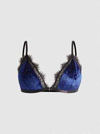 Goth Plus Size Dark Velvet Lace Trim Triangle Cup Wireless Bra