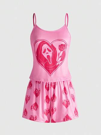 Goth Set pigiama casual da donna con canotta e pantaloncini, motivo a contrasto con cuore, rosa e demone, adatto per San Valentino in stile gotico
