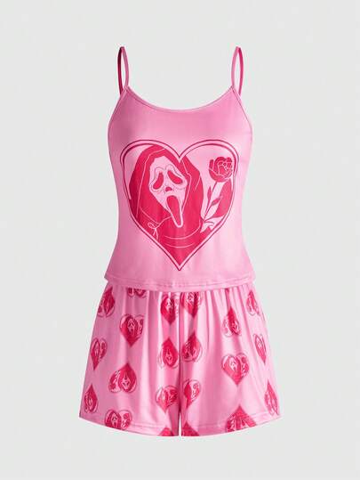 Goth Set pigiama casual da donna con canotta e pantaloncini, motivo a contrasto con cuore, rosa e demone, adatto per San Valentino in stile gotico