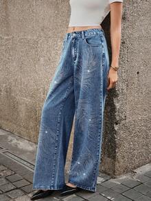 Selenza Quần jeans nữ dáng rộng thanh lịch đính lông vũ và đá giả, hàng mới về - Rửa trung bình - Xem 5