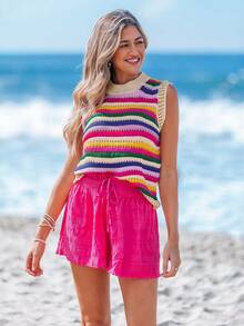 Sylviya Women's Casual Retro Round Neck Hollow-Out Colorful Striped Knitted Sweater