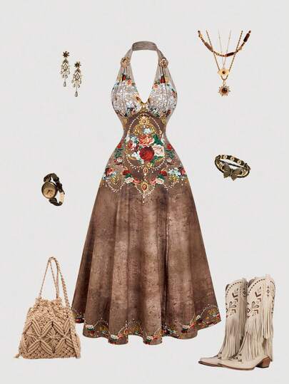 SHEIN MOD Women's Brown Retro Vacation Print Halter Backless Sleeveless Fashion Dress, Fall/Winter ,Casual,Western,Boho,Beach,Vacation