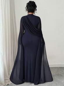 SHEIN Tall CURVE Đầm ôm body xẻ tà tay loe trong suốt viền bèo nhún thanh lịch cỡ lớn, màu đỏ dự tiệc cocktail, phù hợp cho mùa thu - Màu xanh hải quân - Xem 2