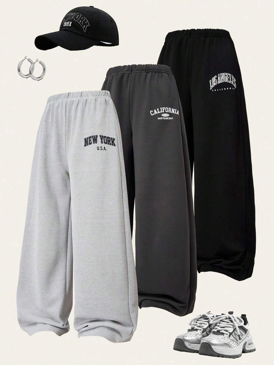 SHEIN Explorewe Bộ 3 quần ống rộng dệt kim in họa tiết thời trang cho bé gái tuổi teen, họa tiết chữ "NEW YORK" tối giản, trang phục thường ngày/thể thao/đi học đa năng, thu/đông - màu đen - Xem 1
