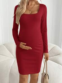 SHEIN Maternity Solid Color Thermal Lined Crew Neck Mini Dress - Burgundy - View 5