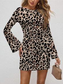 Glamance Space University Leopard Print Backless Sexy Mini Dress, Party & Club Wear, Autumn/Winter Women Long Sleeve Dress Cheetah Dress For Women Leopard Dress Animal Print Dress Chic Stylish Clothing Collection - Multicolor - View 3