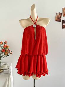 Soleia Vestido mini con escote halter y espalda descubierta de unicolor y sexy, para vacaciones - Naranja - Ver 3