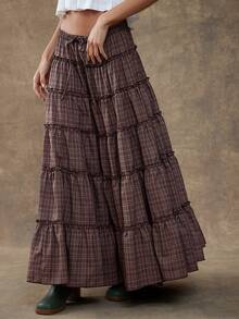 WESTFADE 高腰抽绳层叠荷叶边A字格子长裙，适合秋季、冬季穿着，风格包括波西米亚风、休闲风、可爱风、棕色系、西部风、乡村风、假日风和感恩节风。 - 咖啡棕 - 查看 2