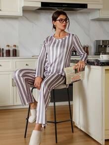 SHEIN 2件套美式休闲条纹印花长袖上衣和裤子女士睡衣套装，冬季服装 - 彩色 - 查看 3