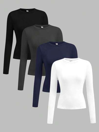 SHEIN Girlism 4pcs/Set Teen Girls' All-Match Crew Neck Long Sleeve Casual Solid Color T-Shirts, Black, White, Navy, Dark Grey