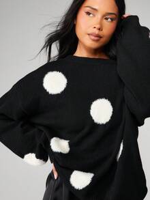 MISSGUIDED Suéter de punto grande y esponjoso con lunares, cálido y de manga larga - Blanco y Negro - Ver 4