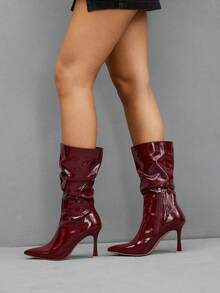 CUCCOO SZL 女士时尚尖头细高跟酒红色中筒靴，褶皱性感派对踝靴 - 酒紅色 - 查看 7