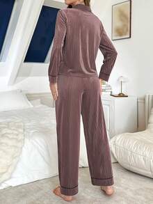 蝴蝶结装饰纯色女士蓬松睡衣套装，舒适冬装