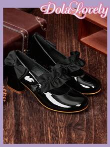 Dola Lovely 女士蝴蝶结玛丽珍高跟鞋，圆头扣带粗跟正装鞋，时尚百搭白色 - 黑色 - 查看 1