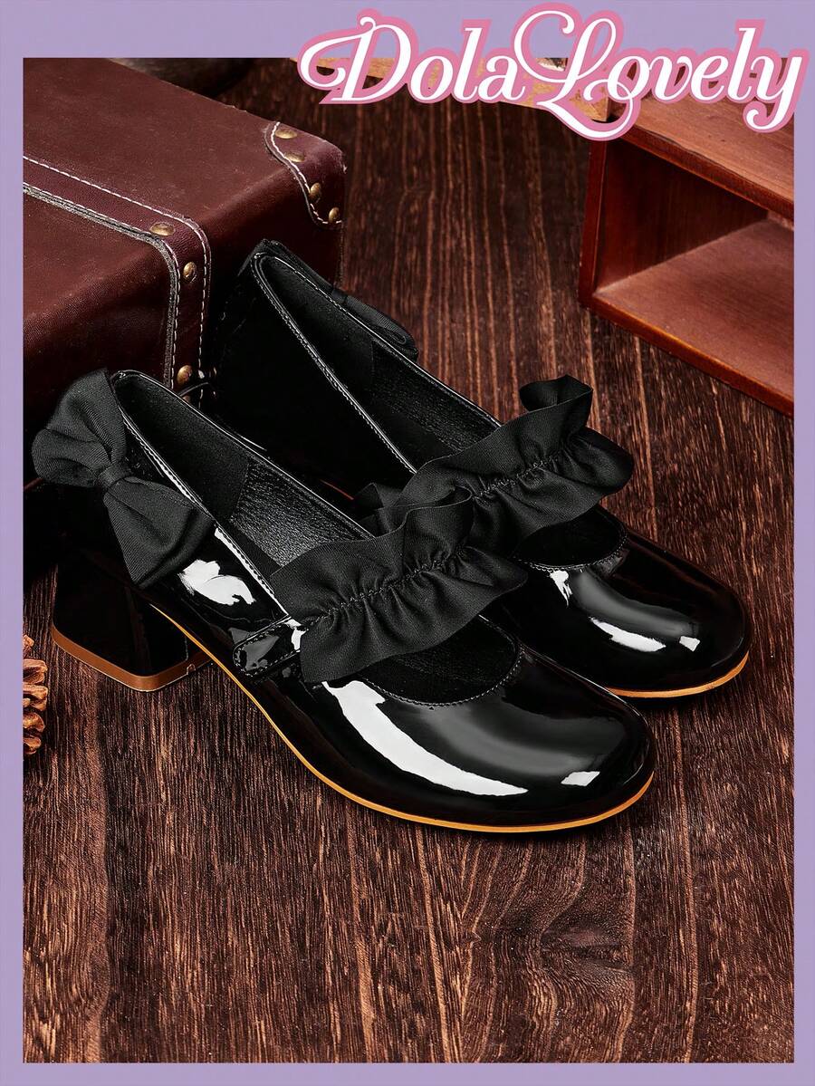 Dola Lovely 女士蝴蝶结玛丽珍高跟鞋，圆头扣带粗跟正装鞋，时尚百搭白色 - 黑色 - 查看 1