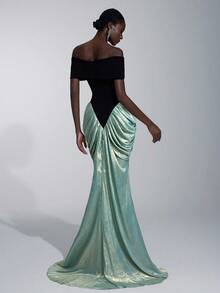 Elitara Elegant Luxurious Black & White Satin Patchwork Coated Fabric Asymmetric Off Shoulder Drop Shoulder Ruched Fishtail Hem Formal Evening Gown - Baby Blue - View 2