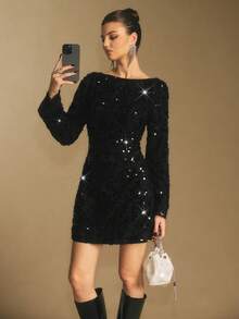 Poéselle Vestido elegante de moda de mini longitud con cuello de barco, manga larga y lentejuelas de unicolor para mujer