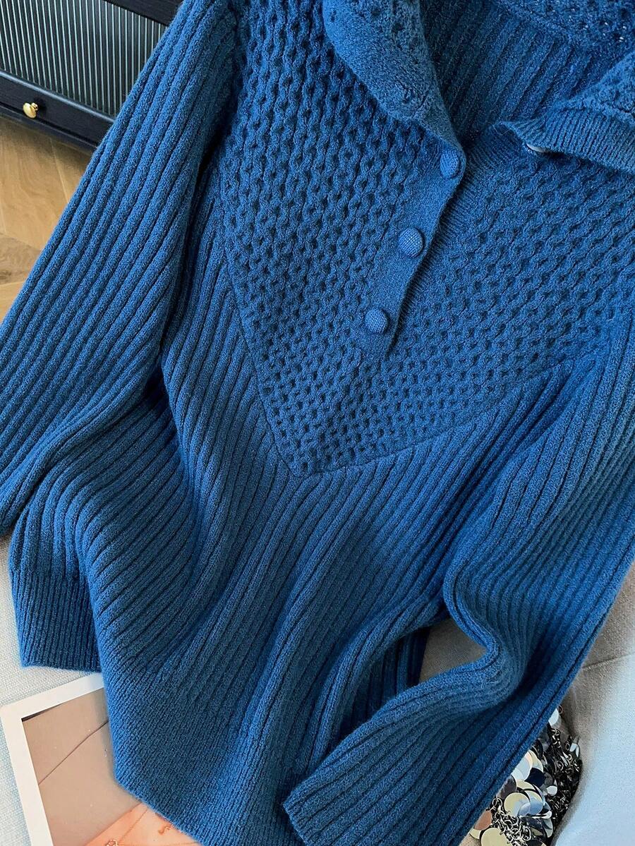 SHEIN Clasi 女士优雅时尚高领纽扣长袖宽松加大码毛衣，冬季外套 - 藍色 - 查看 1