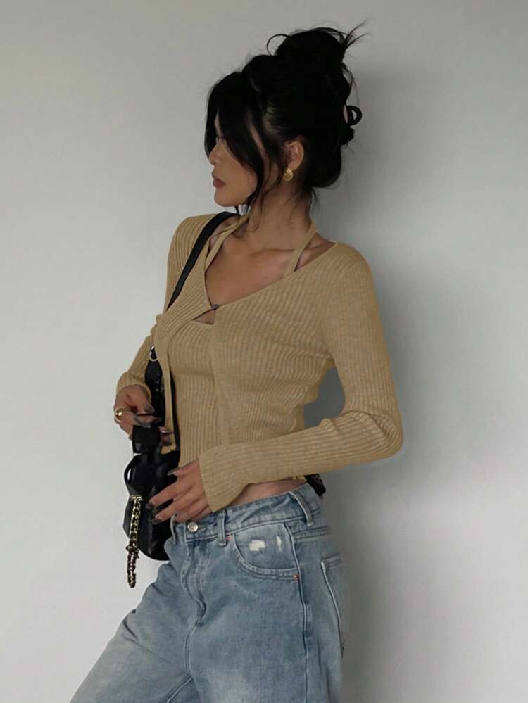 2pcs Women Halter Neck Tight Top And Cardigan Set