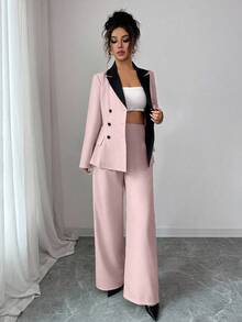 Elenzga 女士优雅通勤优雅长袖撞色腰部 A 字长西装套装，适合日常穿着、工作通勤和多种场合，春秋季 - 粉色 - 查看 4
