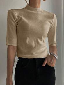 DAZY Women's Turtleneck Fitted Ribbed 3/4 Sleeve Sweater - Khaki - View 5