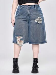 ROMWE Grunge Punk 大码复古十字刺绣七分牛仔裤 - 藍色 - 查看 6