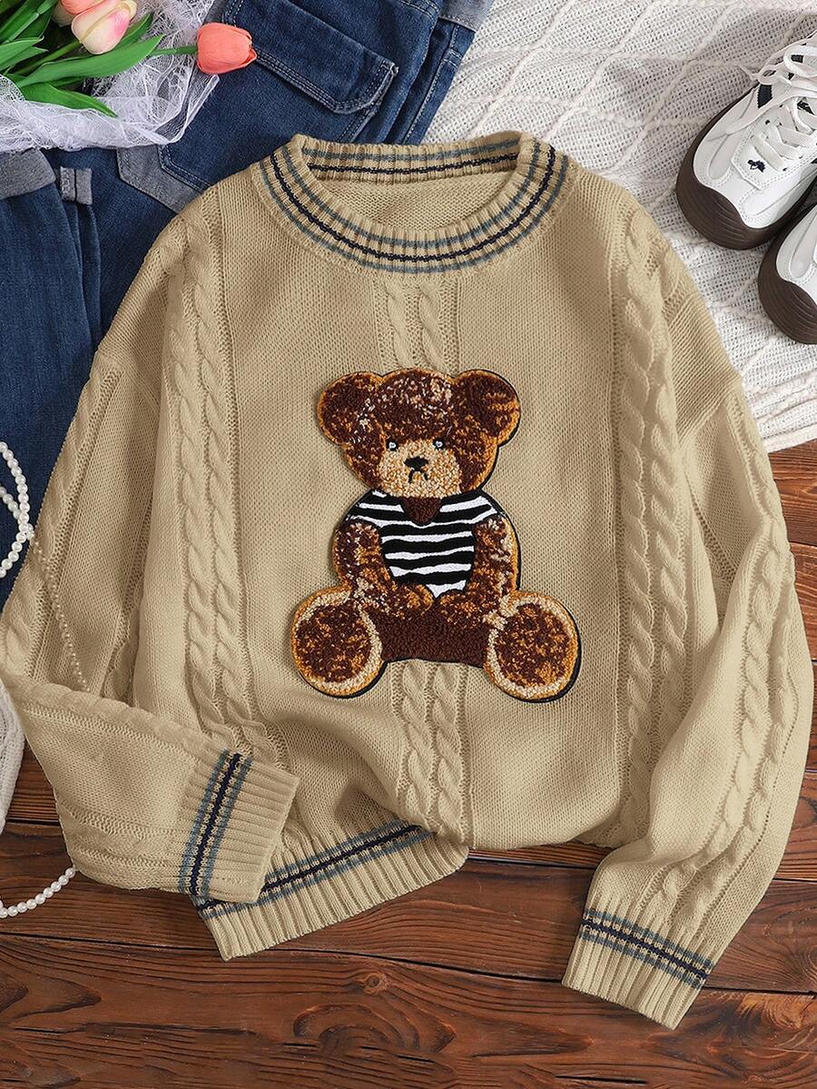 SHEIN 少女圆领针织宽松休闲套头衫，带有可爱小熊图案、补丁装饰和纹理面料 - 杏色 - 查看 1