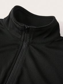 SHEIN EZwear 1件女士黑色罗纹针织开衫，适合秋季 - 黑色 - 查看 6