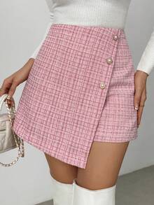 RosyDaze 女士时尚格子雪尼尔花呢不对称设计短裙裤 - 粉色 - 查看 5