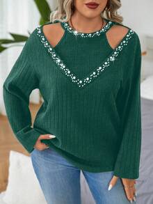 EMERY ROSE Plus Size Women Faux Decor Cutout Shoulder Long Sleeve T-Shirt, Autumn For Spring - Dark Green - View 8