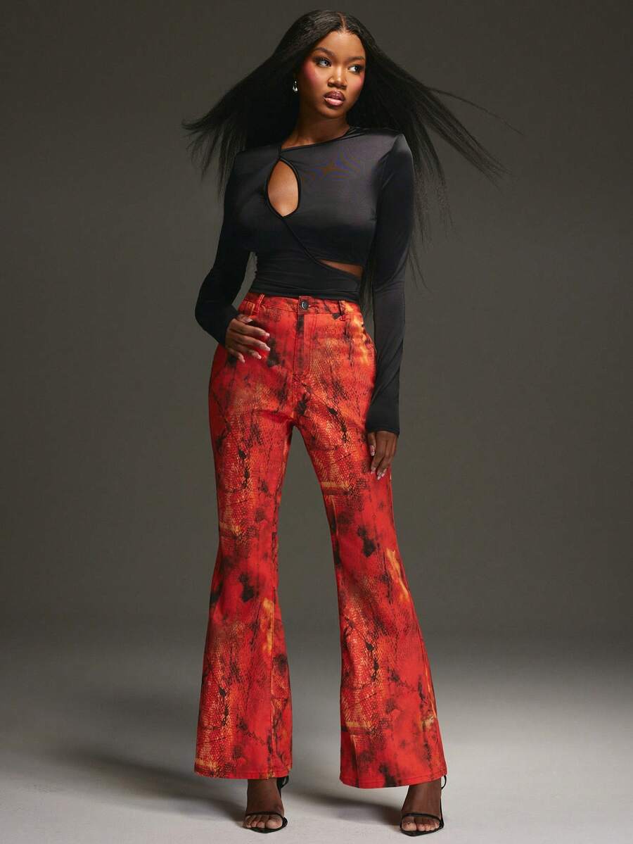 NYA SZN Red And Black Flare Pant For Women,Summer Punk Concert Outfits,Vintage Y2K Print,Statement Brunch Cool Girl Style,Fall Commuting Kings Day Look - Multicolor - View 1