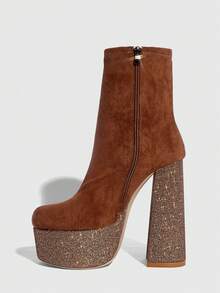 CUCCOO SZL 女士棕色绒面革方头厚底粗跟弹力时尚优雅派对性感侧拉链踝靴，适合圣诞节穿着 - 棕色 - 查看 6