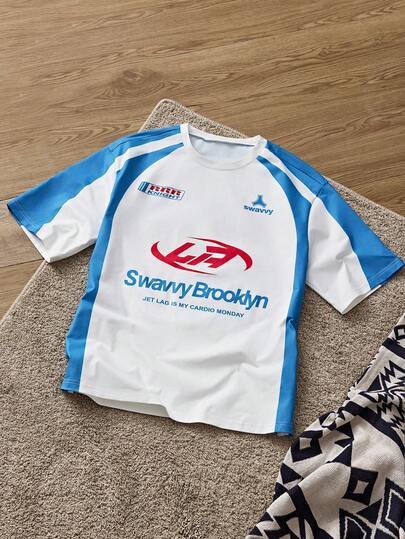 Manfinity Unisex 男士图案 T 恤，休闲运动拼布印花风格，宽松圆领短袖上衣