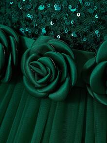 SHEIN Young Girl' Green Sequin Long Sleeve Mesh Dress - Green - View 7