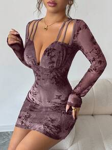Modelyn Sexy Mesh Jacquard Hollow-Out Long Sleeve Women Dress - Red Violet - View 2