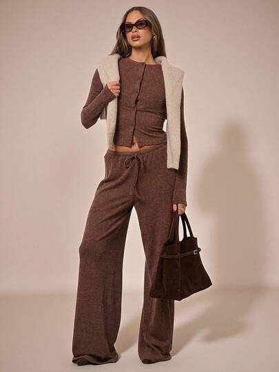 SHEIN BAE Autumn And Winter Cashmere Comfortable Knitted Brown Simple Casual Slim Long Sleeve Versatile Women's T-Shirt, Long Sleeve Casual Tops, Christmas Home Tops,Christmas Outfit For Women,Thanksgiving Top,Brown Tops