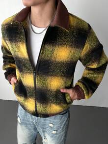 Manfinity Roghcode Men's Yellow Plaid Long Sleeve Patchwork Collar Zip-Up Jacket,Vintage Grunge Streetwear Shacket,Autumn Holiday Baggy Windbreaker Winter Sweater Jacket - Multicolor - View 5