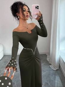 Elenzga Black & White Contrast Design Shoulder Cut-Out Off Shoulder Long Sleeve Dress, Suitable For Birthday Party, Date, Versatile - Army Green - View 4