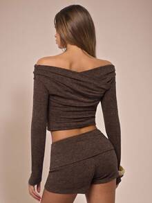 SHEIN BAE 秋季时尚通勤纯色露肩短款上衣 - 咖啡棕 - 查看 1