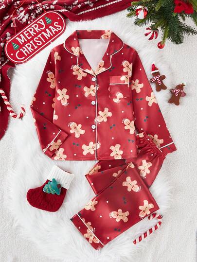 Set de 2 piezas de pijama casual y cómodo con estampado de pan de jengibre, que incluye cárdigan de manga larga y pantalones, para niñas mayores