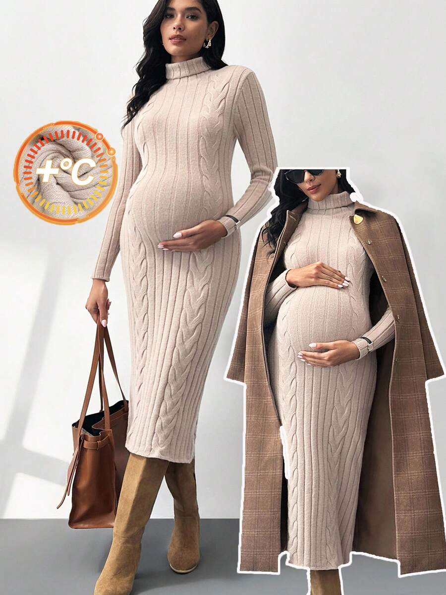 MaterniWear 孕妇休闲日常通勤简约纯色高领粗针织修身毛衣裙，秋冬