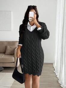 Vionelle Gaun Sweater Lengan Panjang Motif Rajut Kabel Bergelombang dengan Leher V dan Tali Serut Ukuran Plus, Warna Polos, Kasual & Modis untuk Musim Gugur/Dingin - Hitam - View 3