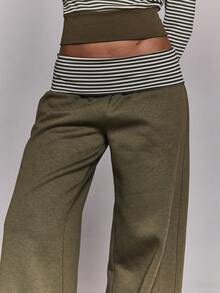 MUSERA Stripe Fold Over Wide Waistband Wide Leg Loose Fit Co-Ord Trousers Only Going Out Everyday Night Out Casual Cool Streetwear Washed Pants Spring - Army Green - View 5