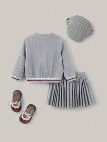 Joliand Joliand 2pcs Baby Girl Cute Back-To-School Light Grey Autumn Set,Elegant Urban School Style Striped Ribbed Sweatshirt Jacket And Pleated Skirt Outfit,Fall - Grey - View 3