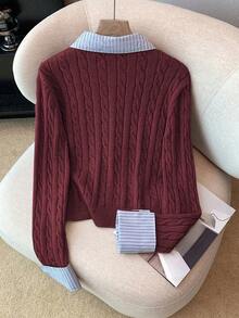 Franclia 时尚博主风二合一拼布针织短款开衫，欧美风