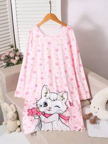 Tween Girl Cute Bow & Kitty Pattern Crew Neck Long Sleeve Nightgown Dress - Multicolor - View 1