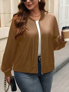 Plus Size Solid Color Drop Shoulder Long Sleeve Zip-Up Fashionable Short Casual Jacket - Brown - View 3
