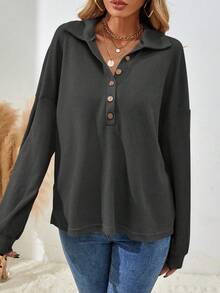 EMERY ROSE Women's Solid Color Minimalist Button Decor Long Sleeve T-Shirt, Everyday Wear - Dark Grey - View 6